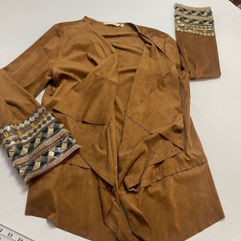 Soft Surroundings Faux Suede Embroidered Cuff Open Draped Cardigan Jacket Sz L - Picture 5 of 12